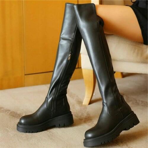 Fashion Long Boots Women Leather Round Toe Over the Knee Boots Flat Platform Creeper Shoes Party Oxfords EUR35 -43