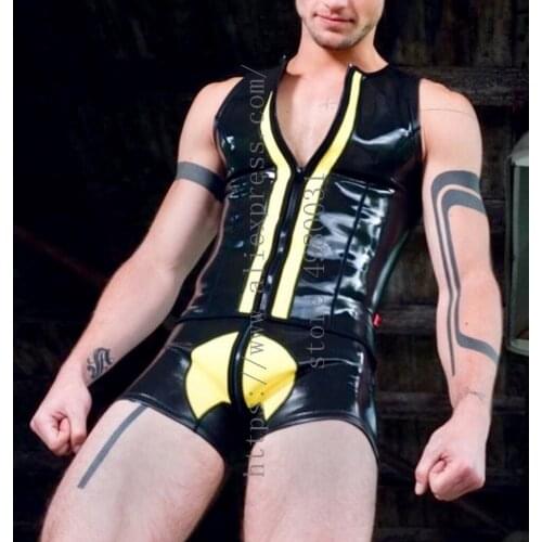 Novelty mens latex suit including tight vest and shorts in black with yellow trim colors
