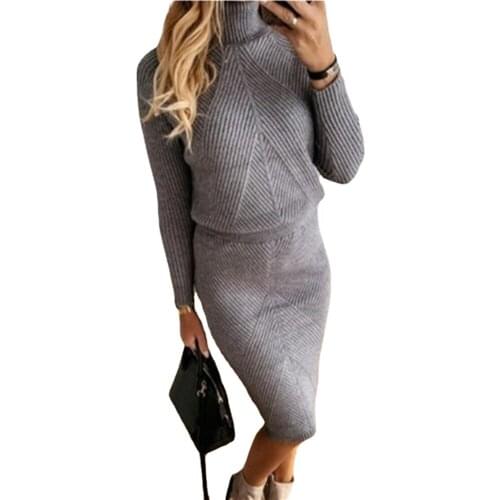 Autumn Womens Knitting Costume Turtleneck Solid Color Pullover Sweater + Slim Skirt Two-Piece Set