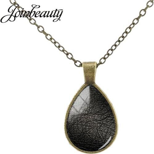 JOINBEAUTY Black Brown White Leather Texture Pattern Tear Drop Necklace Simple Glass Cabochon Dome Pendant Fashion Jewelry TX204
