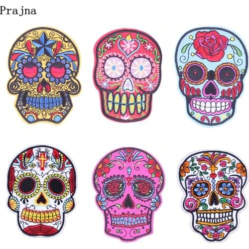 Prajna Punk Rock Skull Embroidery Patches Various Style Flower Rose Skeleton Iron On Biker Patches Clothes Stickers Applique
