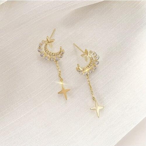 Huge Bud Korean Stud Earrings 14K Gold Hollow Moon Star Brilliant Cubic Zircon Brinco for Women Girls Crystal Earring Jewelry