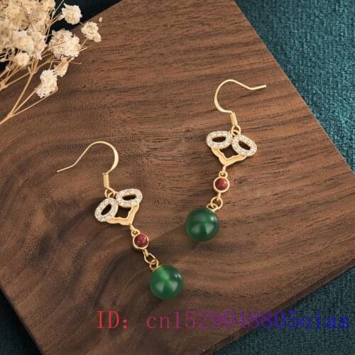 Green Jade Bead Earrings 925 Silver Zircon Fashion Natural Women Chalcedony Gifts Gemstone Crystal Amulet Jewelry