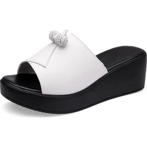 Promotion 2021 Rhinestone Cowhide Hollow Summer Leather Sandals Women Sandals Slippers Platform Wedges Sandals Fashion Slippers
