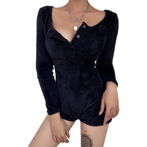 Casual Women Fashion Streetwear Outfits Overalls Women Sexy Long Sleeve Faux Fur Button Solid Color Deep V Neck Short Jumpsuit