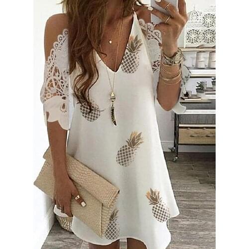 5 Colors V Neck Pineapple Print Cold Shoulder Short Sleeve Sexy Crochet Lace Elegant Mini Light Summer Casual Womens Dress 2021