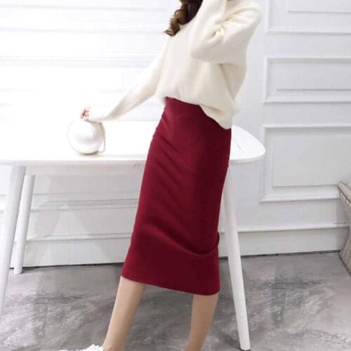 2021 Women A-Line Solid Color Elegant Slim Fit After The Split Skirts Autumn Winter Elastic High Waist Casual Female Midi Skirt