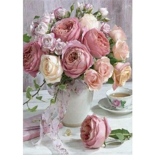 5D DIY diamante pintura patrón de mosaico completo rosa florero arte bordado flor punto de cruz decoración del hogar