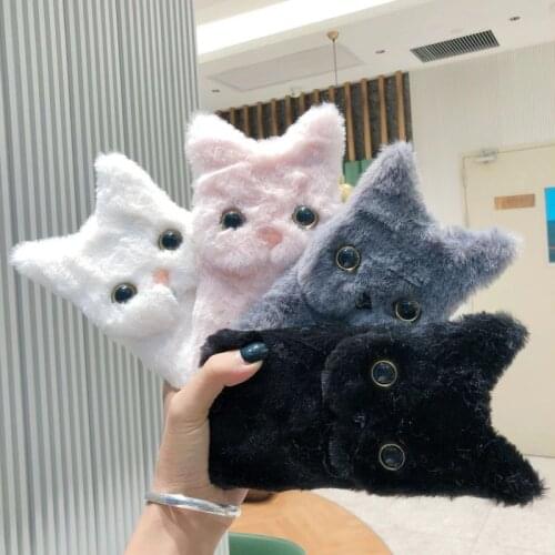 Cute cat phone case for iPhone 11 pro max X Xs max XR SE 2020 7 8 plus Plush autumn and winter soft back cover stand funda capa