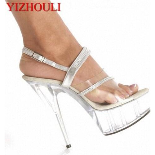 Elegant Clear 15CM Sexy Super High Heel Platforms Pole Dance shoes 6 inch silver Straps party shoes