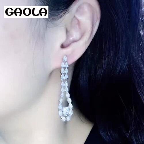 GAOLA Heart Long White Gold Color Flower Cubic Zirconia Dangle Wedding Earrings GLE6187