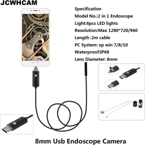 JCWHCAM HD 720P 2 In 1 USB Android Endoscope 8mm Lens 6 LED Waterproof Borescope Inspection Camera with 2m Length USB Cable