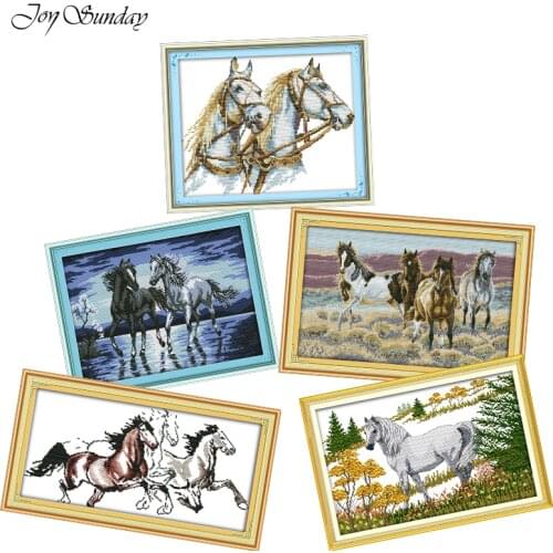 Joy Sunday Counted Cross Stitch DMC 11CT 14CT Animals Patterns Four Horses Embroidery Needlework Sets Printed Canvas Home Decor