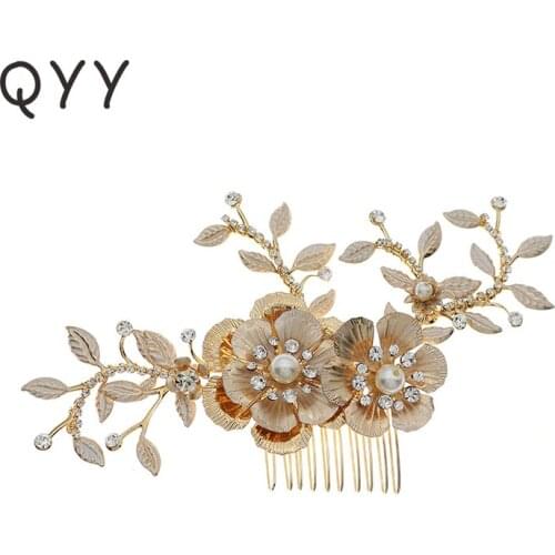 QYY Fashion Rhinestone Flower Hair Comb Clips for Women Accessories Gold Color Bridal Wedding Hair Jewelry Prom Headpiece Gifts