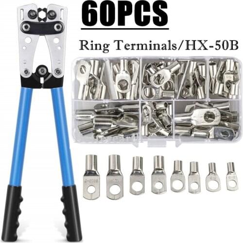 60pcs Assortment Car Auto Copper Ring Terminal Wire Crimp Connector Bare Cable Battery Terminals Soldered Connectors Kit HX-50B