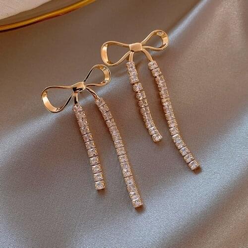 2020 New Arrival Dominated Trendy shiny Crystal Bowknot Women Drop Earrings elegant sweet Long tassels Korean Earrings Jewelry