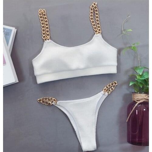 Solid bikini 2021 High waist swimwear female Chain swimsuit women Bandeau 2 pieces set Sports bathing suit Ribbed new
