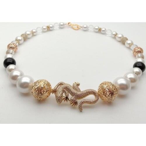 20'' White Sea Shell Pearl Onyx Cz pave silver color plated gecko connector choker Necklace animal hyperbole party for women