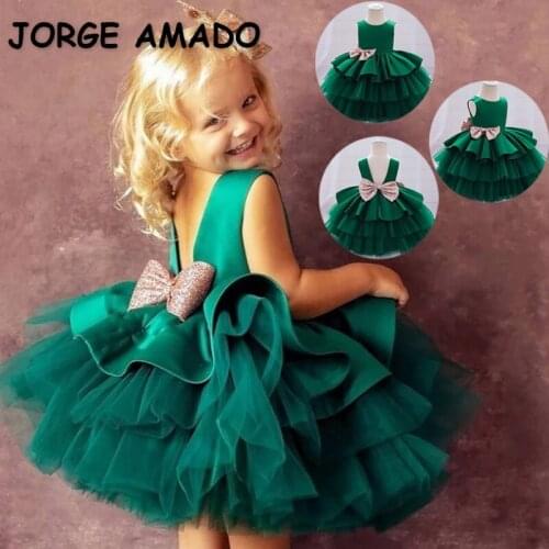 2021 New Summer Kids Girls Party Dresses Red Green Pink Blue Round Collar Open Back Bow Princess Dress Children Clothes E7301