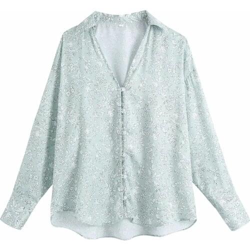 Women Oversized Shirts Floral Print Satin Loose Blouse Casual Long Sleeve Button V Neck Top Blusas Mujer 2021 New