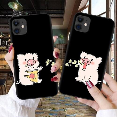 Cartoon Pig Dinosaur Phone Case For iphone 12 11 Pro XR XS Max X Soft Black TPU Back Cover For iphone 7 8 plus Couples Case Capa