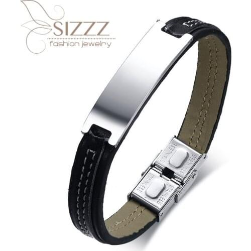 SIZZZ 2020 Hot European and American style leather blank curved signboard with lettering bracelet&bangles for men