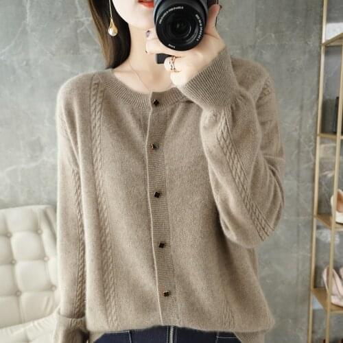 Cashmere cardigan women 2021 new solid color casual knitwear round neck 100% wool sweater plus size ladies top hot