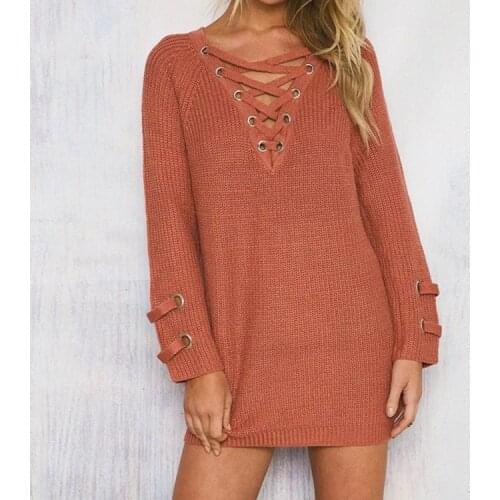 Sweater Women 2019 v-neck Solid Lace Up Casual Loose Autumn And Winter Foreign Long Sleeves Clothes Women Vestidos MMY76085