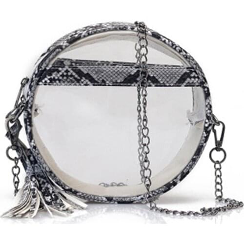 Women Clear Snakinskin Pattern Crossbody Bag Round Transparent Purse Shoulder Handbag with Tassel Best Sale-WT