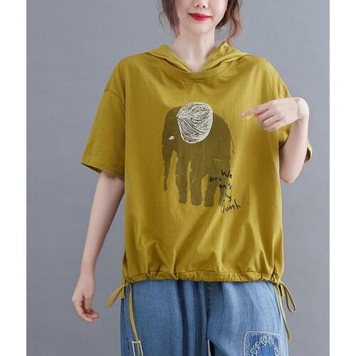 Korea Style Print Elephant Cartoon Girls Summer T Shirts Hooded Cotton Loose Tops Street Fashion Women Casual T Shirts Tees