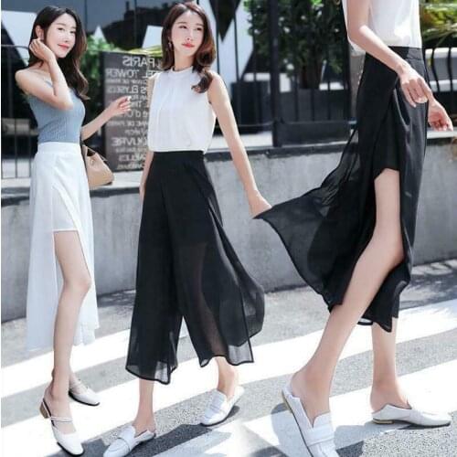 Sexy Split Wide Leg Trousers Women Cropped Office Pants For Ladies Korean Style Fashion Summer Chiffon High Waist Elegant Party