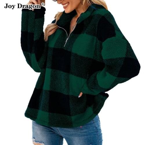 Women Hoodies Zipper Sudaderas Mujer Winter 2020 Plaid Tops Sweatshirts Vintage Stand Up Collar Vetement Femme Ropa Blouse