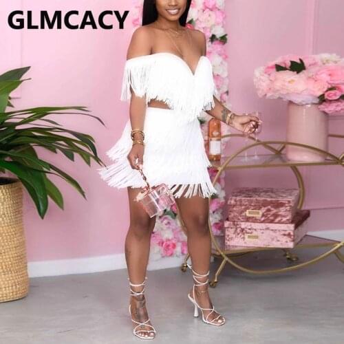 Women Off Shoulder Two Piece Tassels Suits Sexy Chic Tube Top and Mini Skirt Set