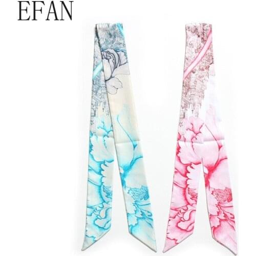 Women Silk Scarf Cherry Skinny Scarf Print Peony Flower Patterns Small Handle Bag Ribbons Female Head Scarves Wraps for Ladies