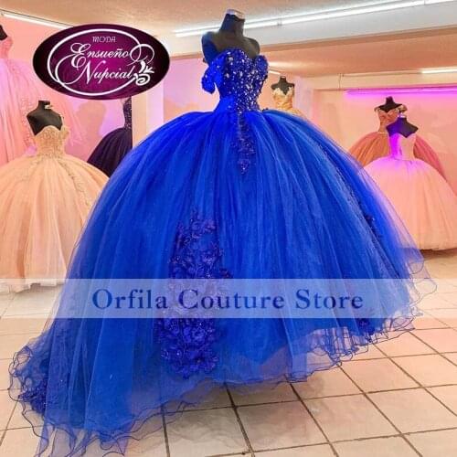 Royal Blue Quinceanera Dresses Lace Beaded Sweet 16 Ball Gown Prom Dress vestidos de 15 años 2021 Sweep Train