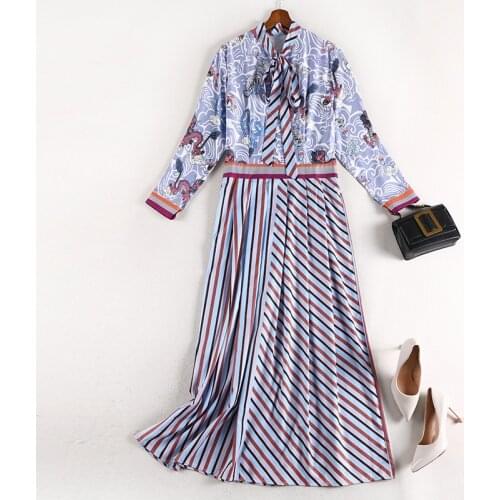 2019 Spring Summer Fashion Women French Dress Plus size XL-5XL Printed Dresses Female Casual Sweet Bow Button Long Dresses G660
