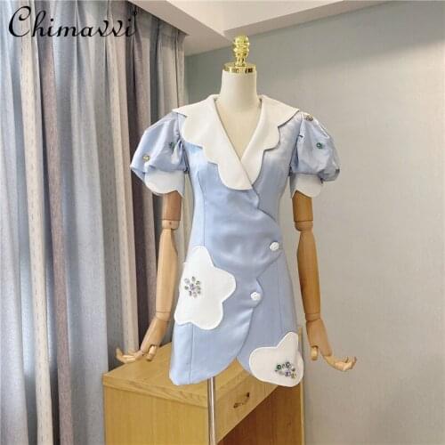 Women Fashion Sweet Clothing Diamond Beaded Flower High Waist Short Dress Fairy Style Patchwork Ruffled Blue Dress