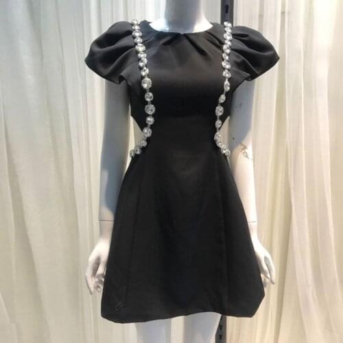 Women Elegant Black Summer Dress Diamonds Short Puff Sleeve Cut Out High Waist Tunic Mini Dress