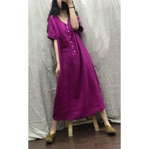 Women Loose V Neck Vintage Dresses Female Summer Solid Color Dress Ladies Retro Linen Dress 2020