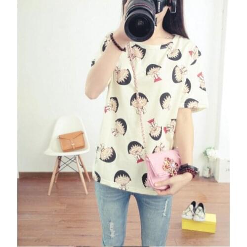 2021 Womens Summer T-Shirt Clothes Shirt O-neck Chibi Maruko Chan Printed Short Bottoming Tops