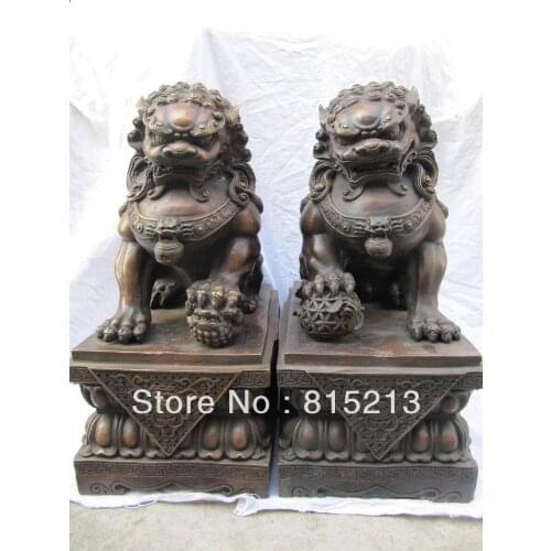 Bi00393 17 Chinese pure red bronze sculpture lion foo dog beast door fengshui statue