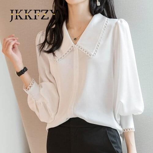 Lace Patchwork Lantern Sleeve Blouses Women Fashion Spring 2021 Chiffon Big Brand Long Sleeve Top Office Shirts White Black