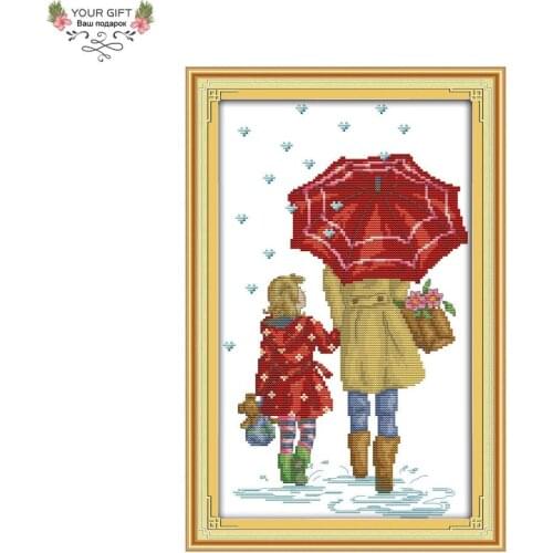 Joy Sunday R702 14CT 11CT Counted and Stamped Home Decor Mother And Daughter Under Umbrella Embroidery Cross Stitch