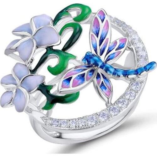 Milangirl Creative Exquisite Dragonfly Flower Design Crystal Ring for Women Engagement Wedding Ring jewelry Female Accessoires