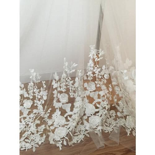 1 yard 3D flower rosette lace fabric in ivory, soft tulle vivid embroidery lace fabric for haute couture costumes