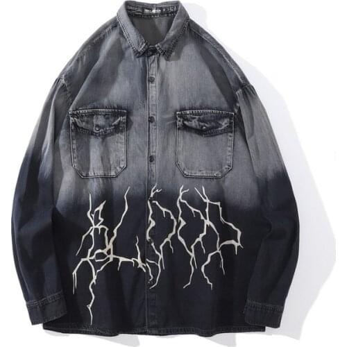 New Mens Gradient Retro Black And Gray Denim Jacket Casual Loose Lightning Pattern High Street Punk Style Denim Jacket Coat XL