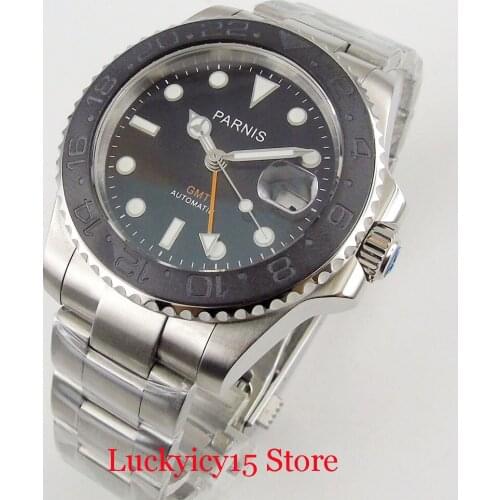 Hot Popular PARNIS Brand Self Winding Men Wristwatch 40mm Black Dial GMT Function Sapphire Glass Date Window Mental Strap