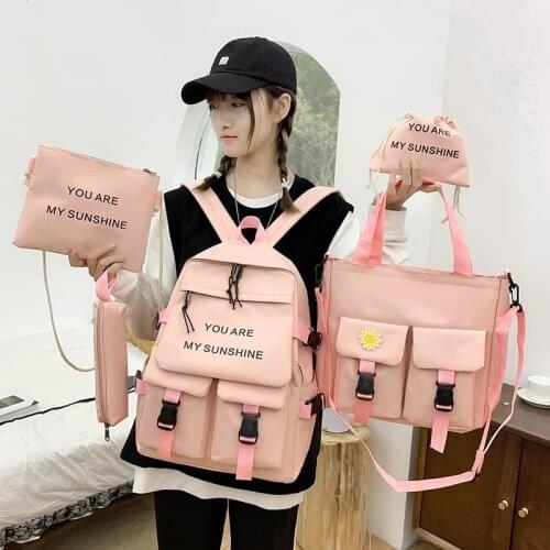 5Piece Set Kawaii Schoolbags for Teenage Girls Women Backpack 2021 Canvas Travel Back pack Student notebook Bookbags Schoolbags