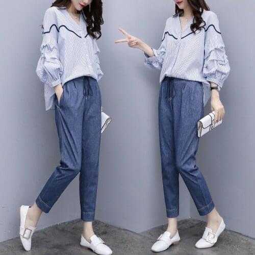 New Spring Summer Womens Suit Two-piece Fashion Lantern Sleeve Striped Shirt + Nine Pants Casual Suit Female Plus Size Suit