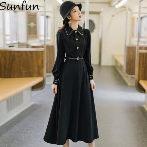Casual Maxi Dress Women Vintage Black Suit Neck Single Breasted Buttons Outfits HarajukuCasual Clothes Strap A-line Vestido